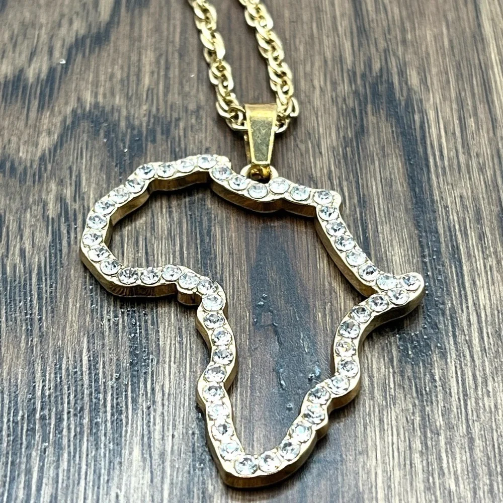Africa Pendant Outline Gold Tone with clear rhinestones! 18” gold tone necklace!